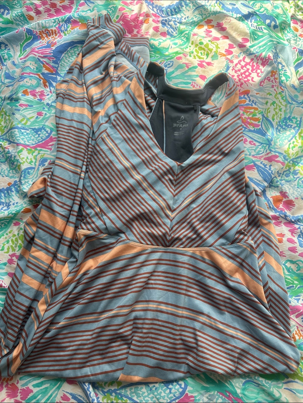 Prana Striped Maxi Dress in Light Blue and Tan